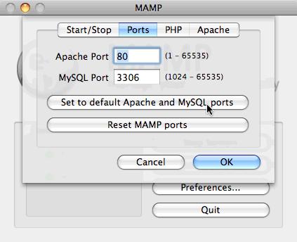 Figure 3: Setting default Apache and MySQL ports in MAMP preferences On Windows If you re on a PC running Windows, make sure that the WAMP application is started (you should have an icon on your