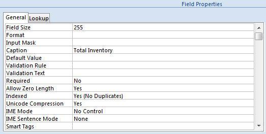 Work with Properties Field Size property Caption property Field Properties can be used to