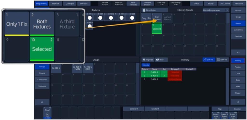 18.2.1 Record a Preset using the Preset Split Widget Once you have made a look you would like to store as a preset, Press the [Rec] key found in the programming section of the front panel and select