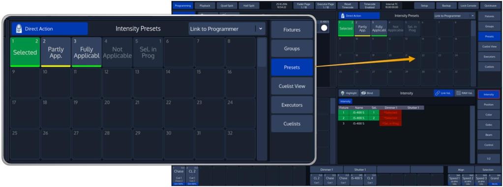 7.2.5 Preset Pool Preset Pools, as opposed to Groups and Cuelists, are divided into Sub Pools, which filter Preset contents by attribute Group (For example: All, Intensity, Position, Color, Beam).