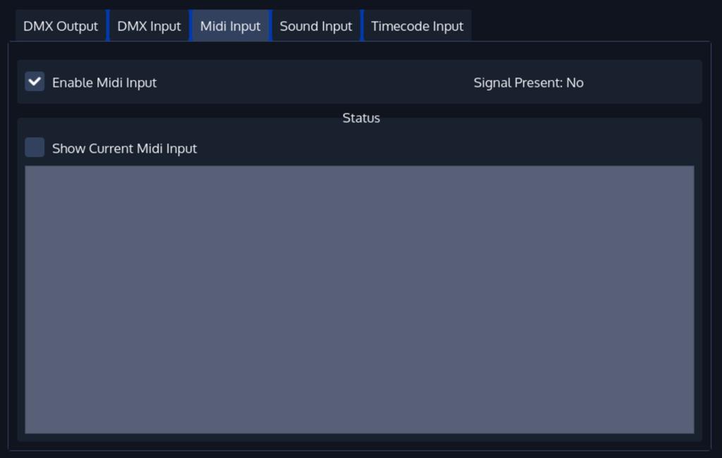 Midi Input To set up MIDI Input, open the Setup Screen, head over to the Input Output Page and select MIDI Input from the Tabs shown in the center of the screen.