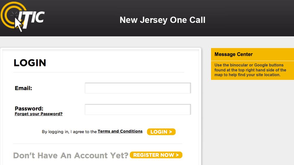 3. At the New Jersey One Call Login/Registration Screen enter your