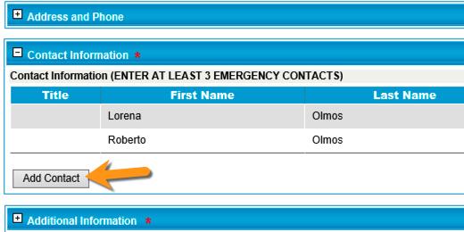 emergency. Use the Add Contact button to add more contacts.