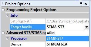2.1 Project options The 'Project options' section allows you to configure the software. In this section, you must select the target CPU family (ARM, STM8-ST7,.