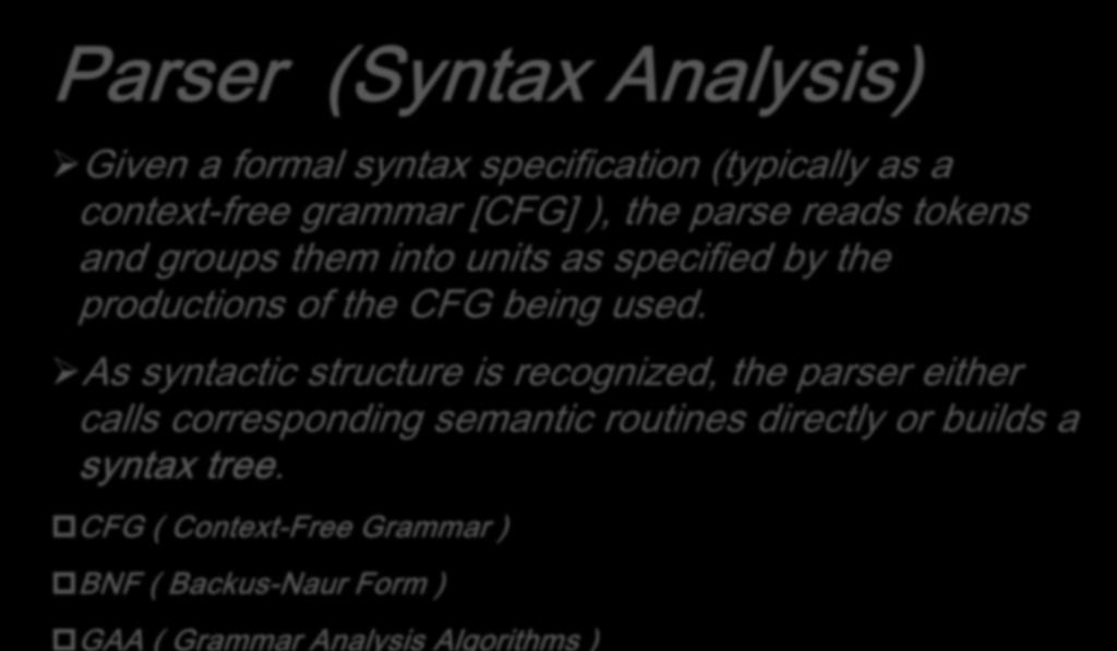Structure of Compiler (Character Stream) Source Program Scanner Tokens Parser Parser (Syntax Analysis) Syntactic Semantic Structure Routines Intermediate Representation Given a formal syntax