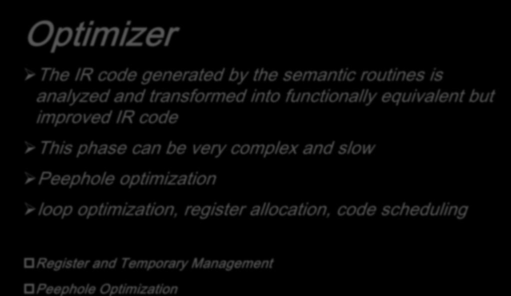 Structure of Compiler (Character Stream) Source Program Scanner Tokens Parser Syntactic Semantic Structure Routines Intermediate Optimizer Representation The IR code generated by the semantic