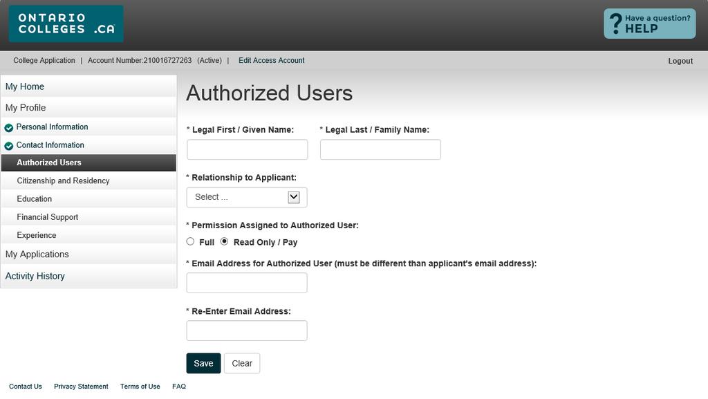 PERMISSION ASSIGNED TO AUTHORIZED USER Full Access Authorized individuals can make payments and changes to your application information only.