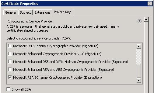 a) Choose only Microsoft RSA SChannel Cryptographic Provider is enabled. b) Click the Key options arrow.