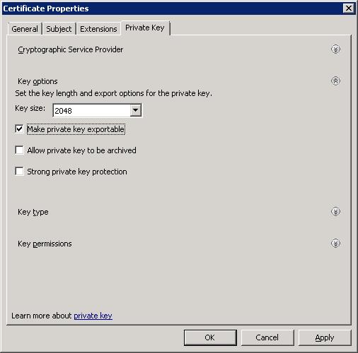 Do not select either the Allow private key to be archived or Strong private key protection check box.