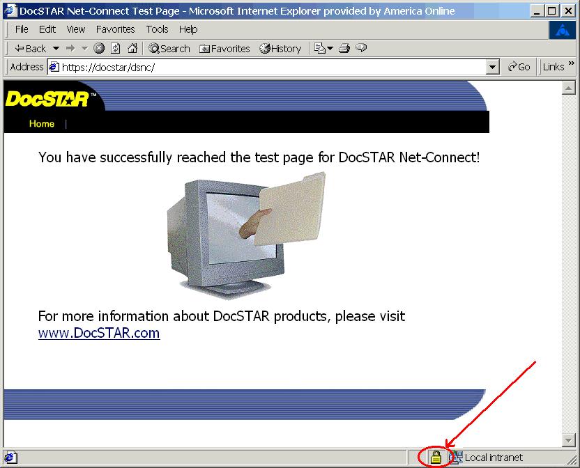 If IIS and DocSTAR NetConnect are installed properly for SSL communications, you should now see the test page displayed successfully as shown below.