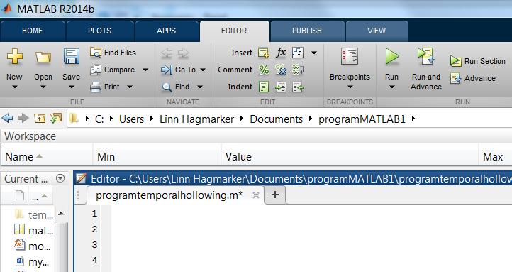 5. USER MANUAL STEP 1. The first step is to open MATLAB on your computer and open the m-file called programtemporalhollowing and press Run. Figure 10. Start page MATLAB. STEP 2.