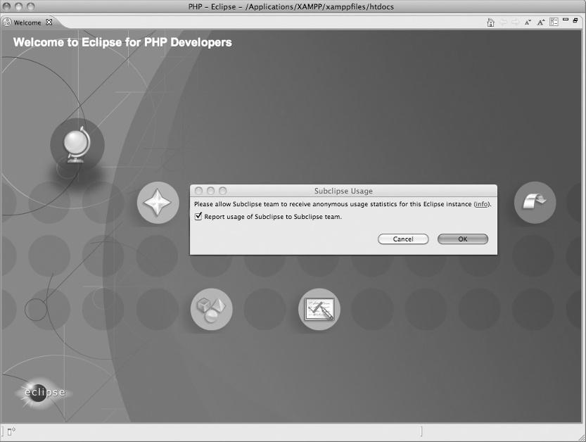 Configuring Your Workspace x 15 Eclipse displays a splash screen along with a request for permission for Eclipse to collect and send usage information, as shown in Figure 1-18.