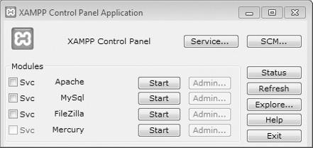 Installing XAMPP x 5 6. Double-click the XAMPP Control desktop icon you just created. The Control Panel is displayed. See Figure 1-2. FIGURE 1-2 7.