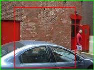Since the tracked person wears a red shirt, CAMSHIFT fixates on red regions of background, including brick
