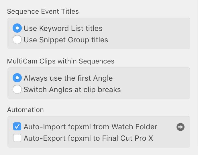 Use these options to speed the round-trip of XML data between FCPX and the KeyClips app. Auto-Import XML from Watch Folder.