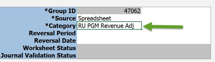 In the Category field enter RU PGM Rev Transfer if you are transferring revenue from a GL string to a COA project string.