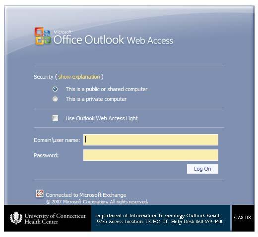 Using UCHC Outlook Web Access Email 3/6/2012 This is available to all UCHC employees, Residents and Students with a UCHC Exchange mailbox.