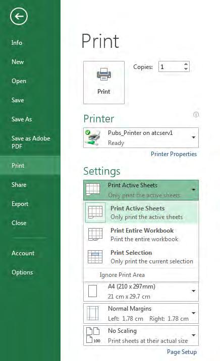 Print the active worksheet 1. Open a spreadsheet file. 2. Go to the File tab and select Print. Topic 5 Finalise spreadsheets 3. From Page Setup select Scaling of 135 per cent.