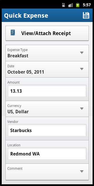 Add a Quick Expense 1) To create a Quick Expense, select Quick Expense on the home screen.