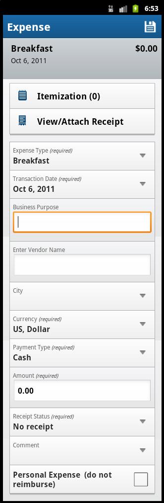 3) Select the desired expense type. The fields for the selected expense type appear.