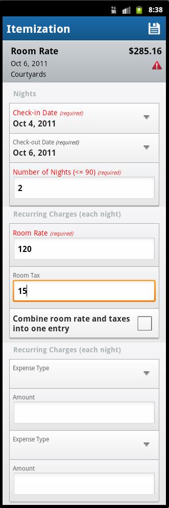 Itemize an Expense After an expense has been added to a report, you can itemize the expense. 1) Open the expense to be itemized. 2) Select Itemization. 3) Enter the check-in and check-out dates.