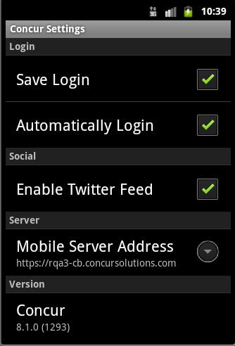 Save Login ID and Auto Login 1) Access the menu. 2) Select Settings. 3) Select Automatically Login to have Concur log in automatically when you open the app.