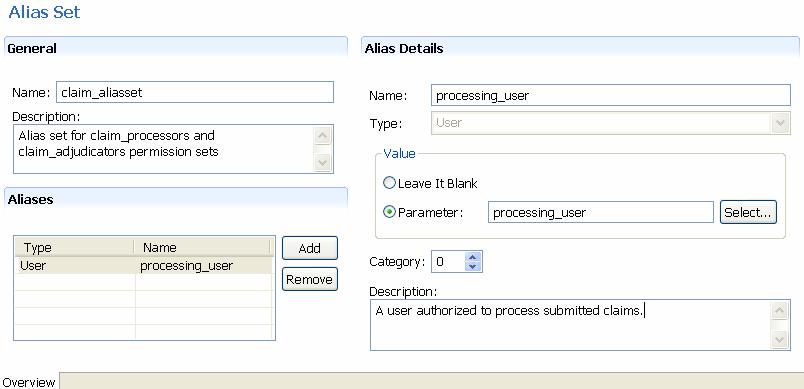 10. Add another alias to the alias set with the following information: Name adjudication_user Type User Description A