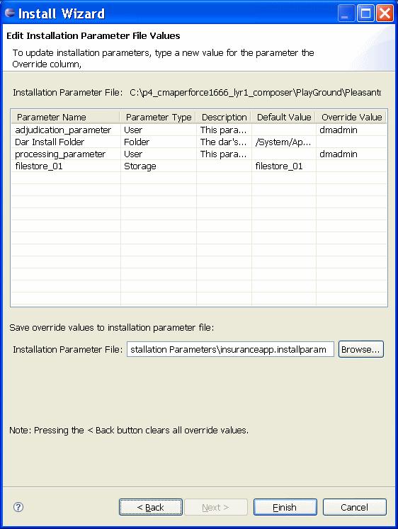 6. In the Installation Parameter File field, specify Installation Parameters\insuranceapp. installparam.