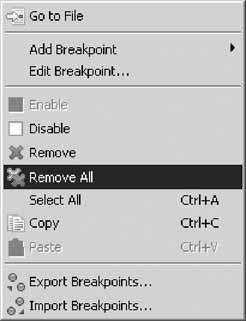 In the Breakpoints view, click the Remove All Breakpoints button in