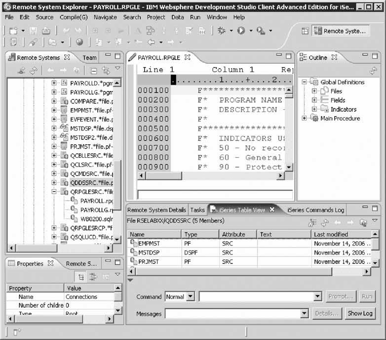 1. To move the Outline view: a. From the Remote Systems view double-click member MSTDSP in the QDDSSRC source file. The Remote Systems LPEX Editor opens. b.