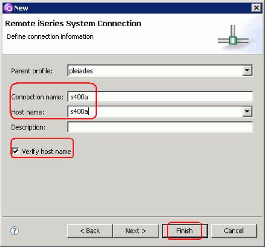 The Remote iseries System Connection page opens. On this second page you specify the information for your connection. The cursor on this page is positioned in the Host Name field. 3.
