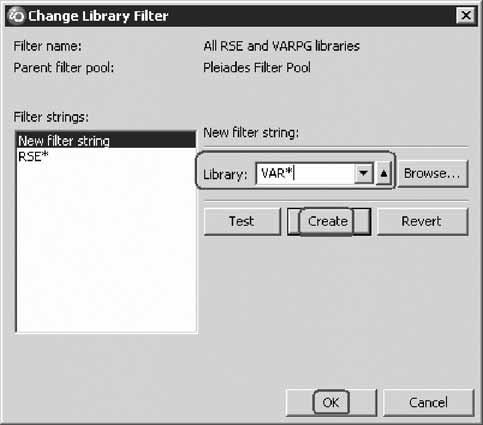 The Change Library Filter window opens. b. Select New filter string from the Filter strings list. c. In the Library field, type VAR*. d. Click Create.