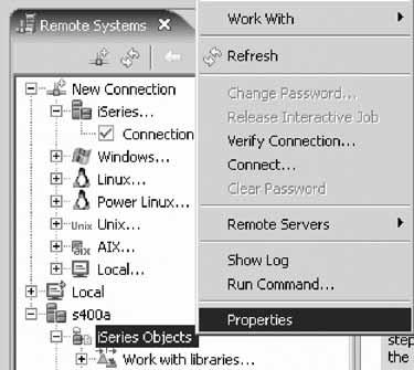 a. Right-click iseries Objects and click Properties on the pop-up menu. b. Select Initial Library List on the left pane. c. Type RSELABxx where XX is a unique number in the Library field and click Add.