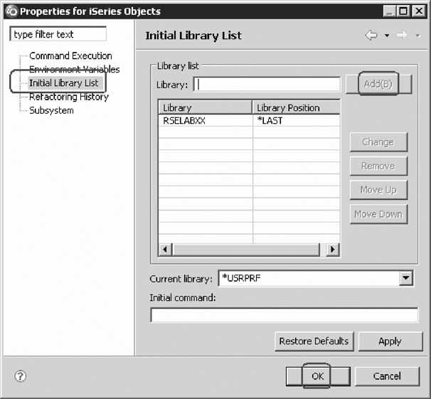 Tip: You can also change your library list using the pop-up menu items Add Library List Entry or Change Current Library on the Library list folder in the