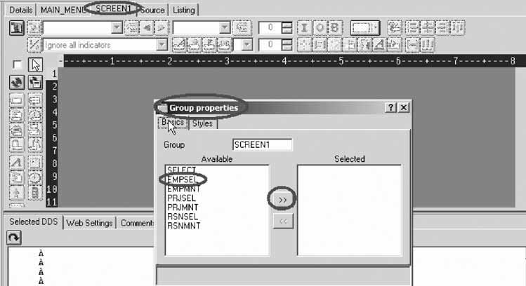 3. Click Insert group on the pop-up menu. A Group Properties notebook opens and a blank Design page for the group SCREEN1 also opens.