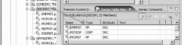 The top of the iseries Table view contains a lock icon that controls the correlation between the Remote Systems view and the iseries Table view.