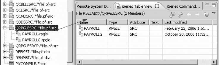 The table shows the members in QRPGLESRC. Now you are ready to use the Remote Systems LPEX Editor to edit the member MSTDSP found in QDDSSRC. 8.