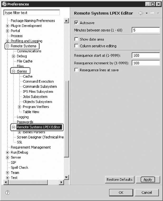 b. In the left pane of the Preferences window, expand Remote Systems. c. Select Remote Systems LPEX Editor under iseries. The right pane allows you to set preferences for this feature. d.