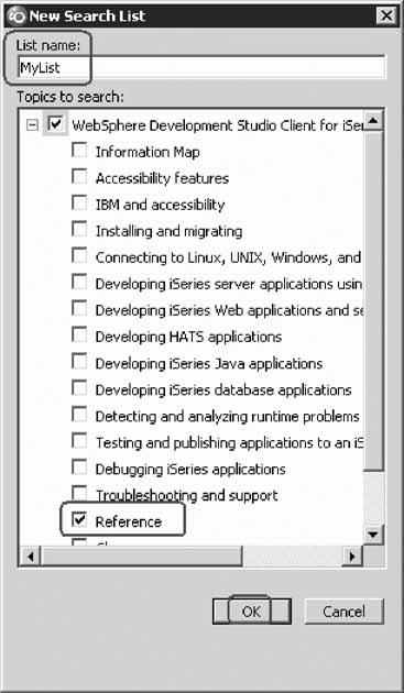 d. In the List name field, type MyList for example. e. Expand WebSphere Development Studio Client for iseries. f. Select the Reference check box.
