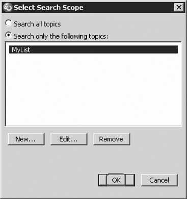 The Select Search Scope dialog reopens again with MyList selected in the topic list. h.
