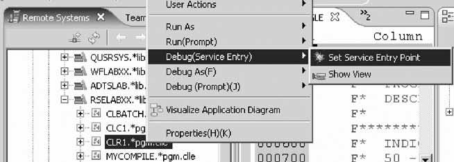 4. Click Debug (Service Entry) > Set Service Entry Point on the pop-up menu to set a service entry point. A message displays indicating the service entry point was successfully set.