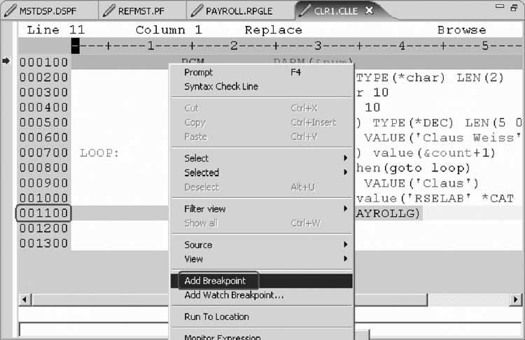 Setting breakpoints You can only set breakpoints at executable lines. One way to set a breakpoint is to right-click on the line in the Source view. To set a breakpoint: 1.