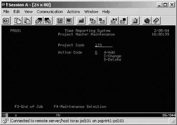 6. In the 5250 emulation session, type 123 for Project Code and D (for delete) in the Action Code field. 7. Press Enter. A message is displayed indicating that the variable *IN60 has changed. 8.