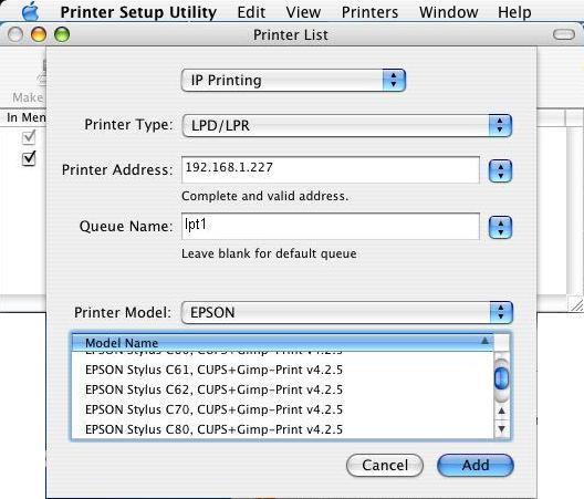 5. Enter the Printer Type, Printer Address and Queue Name and select the Printer Model to setup the MFP Server. Click Add to continue.