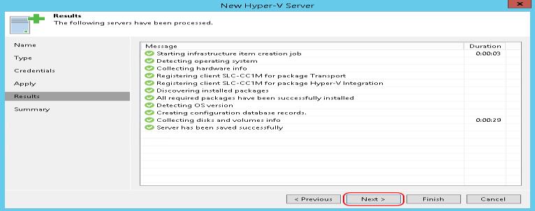 11. Review the Results Log to confirm that the Hyper-V server was