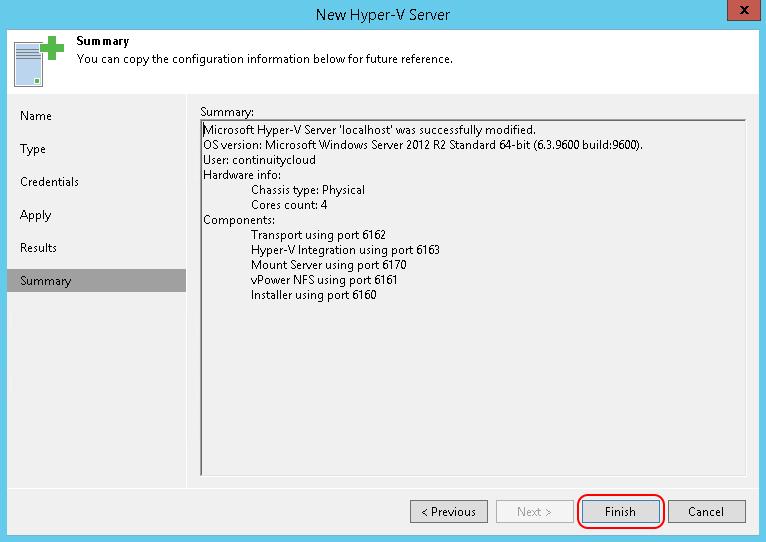 Review the Summary to confirm that the Hyper-V server was successfully