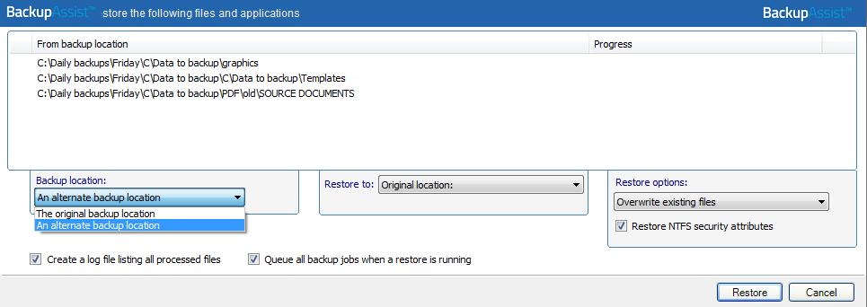 5. Restore Console restore destination selection When you select Restore to, a window will open showing the Backup location, the Restore to destination and the Restore options.