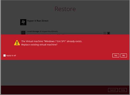 7. If the guest virtual machine selected to be restore already exists on the Hyper-V server StarVaultPRO will prompt to confirm overwriting of the existing guest.