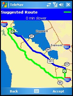 6. The Suggested Route screen shows the proposed new route, outlining the original (blue) and suggested route (green). It also lists the estimated time saved. 7.