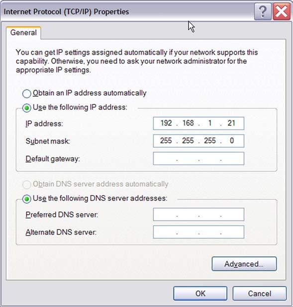 Figure 14. Internet Protocol Properties Dialog 5. Enter the IP address and subnet mask to match those shown in Figure 14. Leave the remaining fields blank. In this example, an IP address of 192.168.1.21 and a subnet mask of 255.